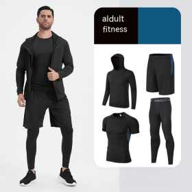 Fitness Suit Men's Morning Running Night Running Sports Quick-drying Five-piece Tights Foot Basketball Training Wear Wholesale (Option: Black And Blue Four Pieces-5XL)