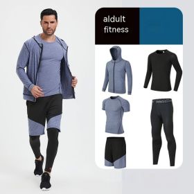 Fitness Suit Men's Morning Running Night Running Sports Quick-drying Five-piece Tights Foot Basketball Training Wear Wholesale (Option: Space Blue 5piece-5XL)