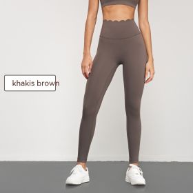 Elastic Sports Yoga Pants Women's Abdominal-shaping High Waist Peach Hip Sports Tights Anti-chic No T-line Fitness Pants (Option: Kaki Brown-XL)
