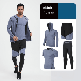 Fitness Suit Men's Morning Running Night Running Sports Quick-drying Five-piece Tights Foot Basketball Training Wear Wholesale (Option: Blue Four Set-3XL)