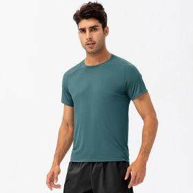 Men's Loose Running Quick Drying Clothes Round Neck T-shirt Sweat-absorbent Breathable Fitness Sports Casual Short Sleeve Clothes (Option: Blue Green-XL)